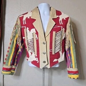 Vintage Pioneer Wear Womans Fringe Jacket Western Multicolored Adult Size Large